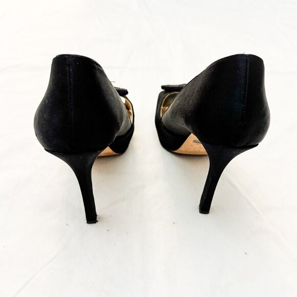 Badgley Mischka Frank Black Satin Rosette Peep Toe Pumps Heels Size 8 - Picture 2 of 5